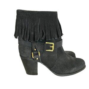 Lauren Ralph Lauren Black Suede Leather Fringe Heeled Ankle Boots Womens  7